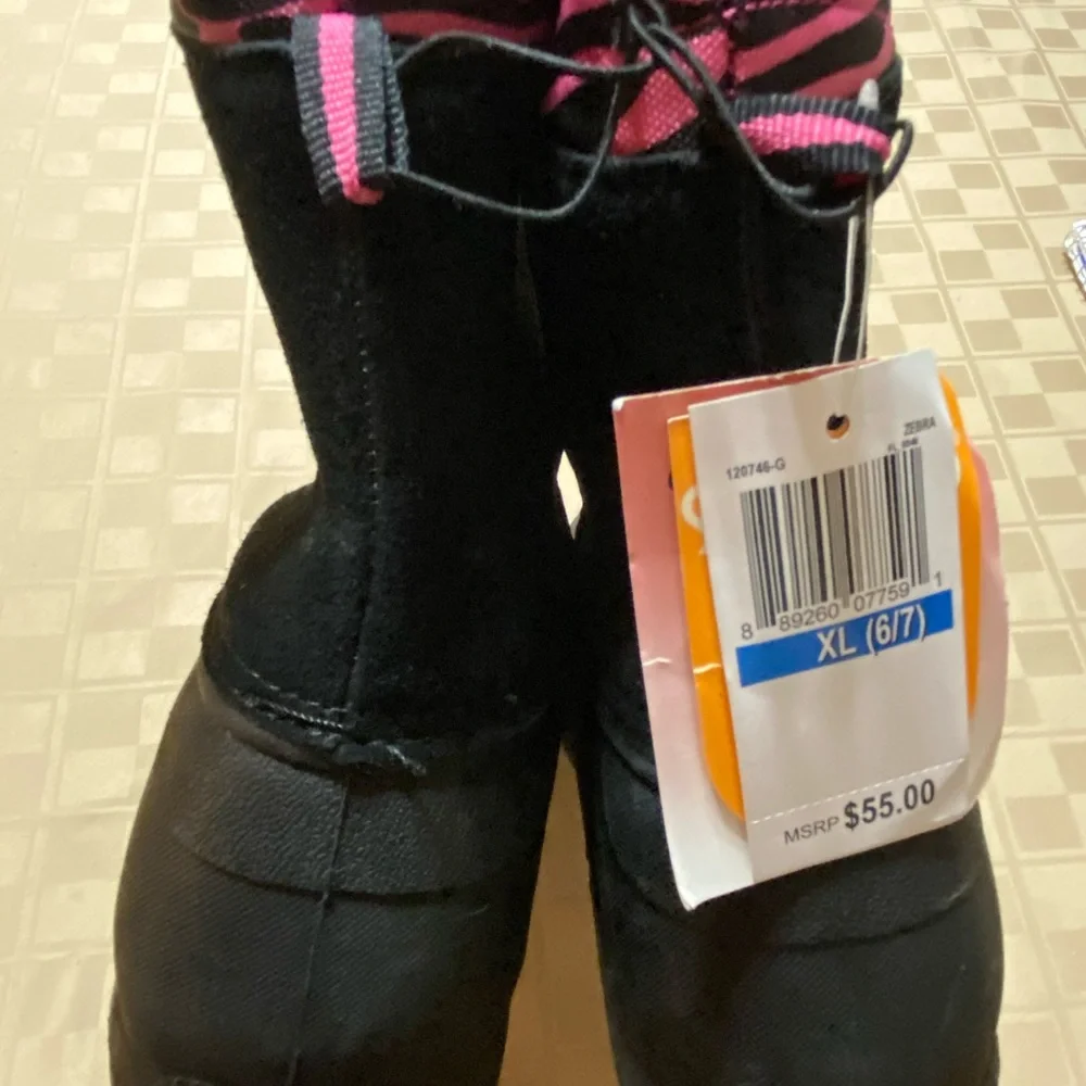 NWT Sporto Girls Snow Boots Pink Black Zebra‎ Bungee Cord Round Toe 9” Hi XL 6-7